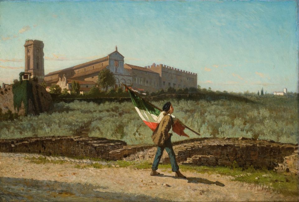 Un'atmosfera trasognata ed evocativa avvolge il giovinetto che in una mattina di primavera passeggia sulla collina fiorentina di San Miniato, recando sulla spalla con fare disinvolto il tricolore; sullo sfondo la basilica e il convento di San Miniato al Monte.